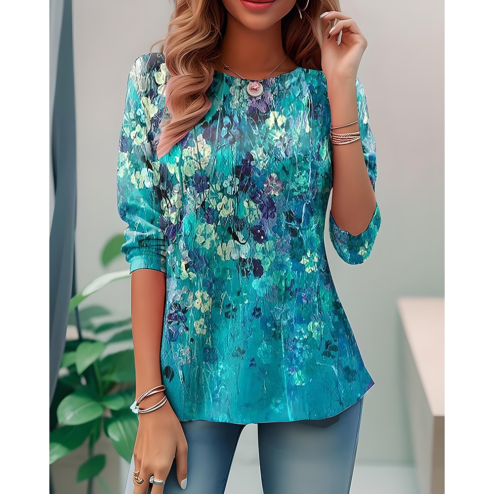 Damen T-Shirt Casual Print Langarm Normal Oberteile Rundhals Alltag Blau Frühling Herbst Lightinthebox