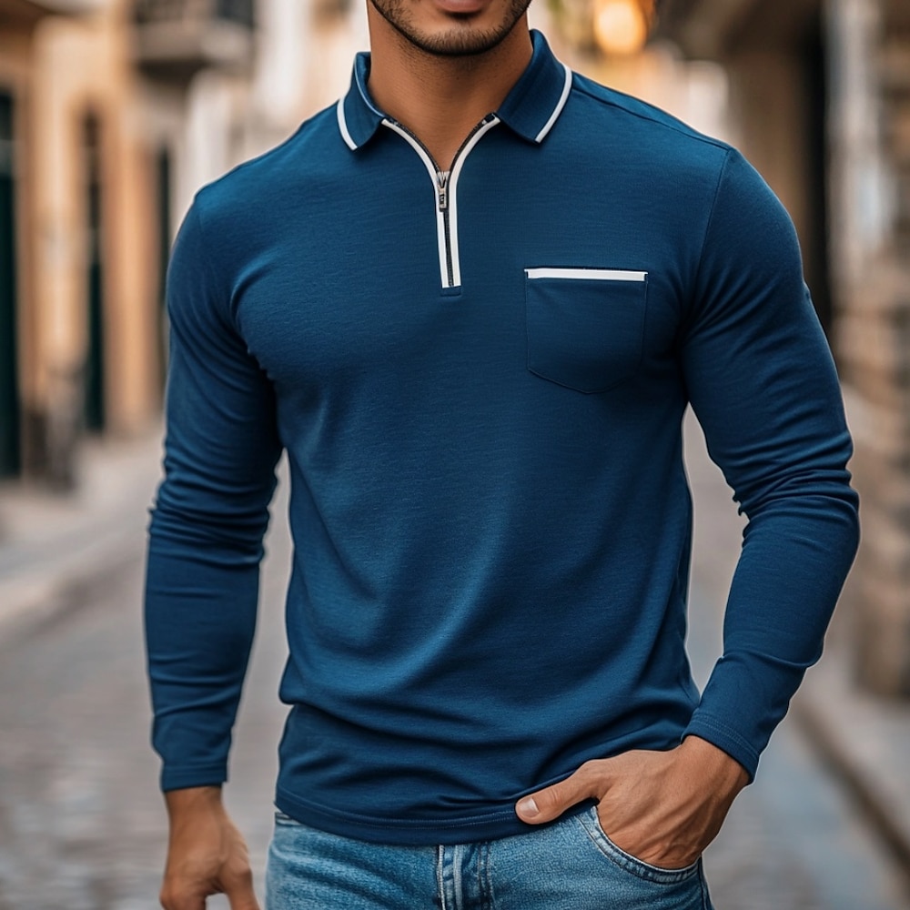 Herren Poloshirt mit Viertelreißverschluss Outdoor Normal Viertel Postleitzahl Langarm Modisch Modern Feste Farbe Tasche Frühling Herbst Weite Passform Blau Poloshirt mit Viertelreißverschluss Lightinthebox