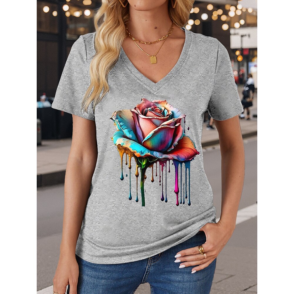 Damen T Shirt Stilvoll Brautkleider schlicht Bedruckt Kurzarm Normale Oberteile V Ausschnitt Valentinstag Täglich Grau Sommer Lightinthebox