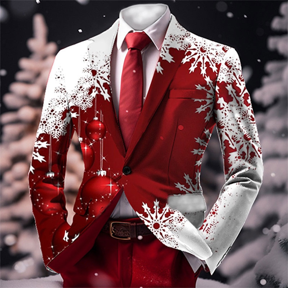 Weihnachts-Blazer für Herren mit Weihnachtsszenen-Print, Schneeflocken-Business-Mantel, Blazer, warm, atmungsaktiv, bequem, Knopfdruck, mehrere Taschen, normale Passform, Herbstamp;Winter Turndown Lightinthebox