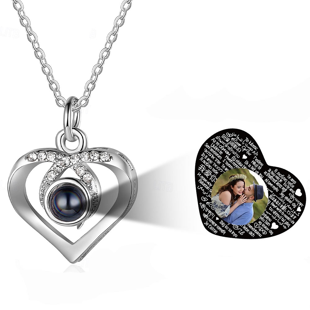 personalisierte Projektionskette, individueller Fotoschmuck, Geschenke für Frauen, Herzanhänger mit „Ich liebe dich" in 100 Sprachen und individuellem Foto, romantisches Valentinstagsgeschenk Lightinthebox