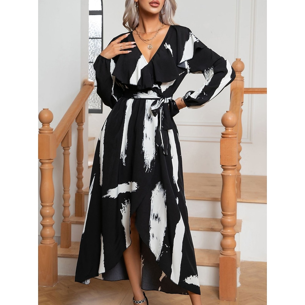 Damen Casual kleid A Linie Kleid Stilvoll Brautkleider schlicht Geometrisch Maxidress Langarm V Ausschnitt Bedruckt Lockere Passform Urlaub Party Täglich Schwarz Frühling Herbst Lightinthebox