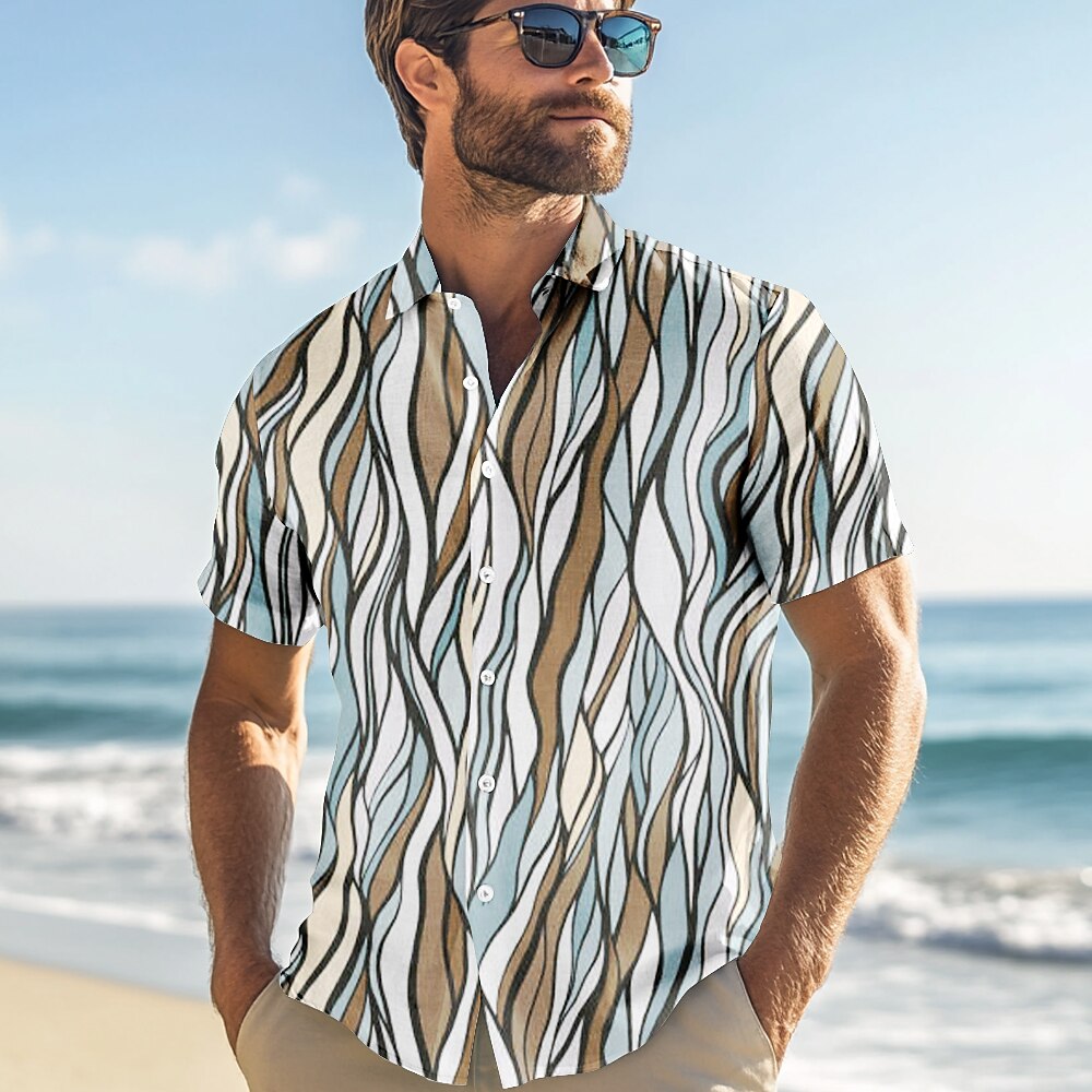 Herren Geometrisch Linie Lässiges Hemd Kurzarm Brautkleider schlicht Resort Normal Casual Sommer Frühling Umlegekragen Knopf hoch Blau Lightinthebox