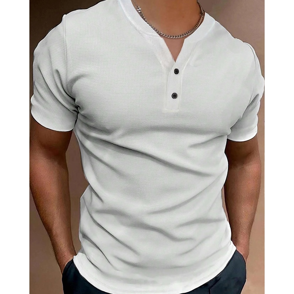 Herren T Shirt Henley Shirt Tee Waffelstrick-T-Shirt Kurzarm-Shirt Glatt Henley Urlaub Strasse Kurzarm Knopf Bekleidung Polyester Modisch Designer Basic Lightinthebox