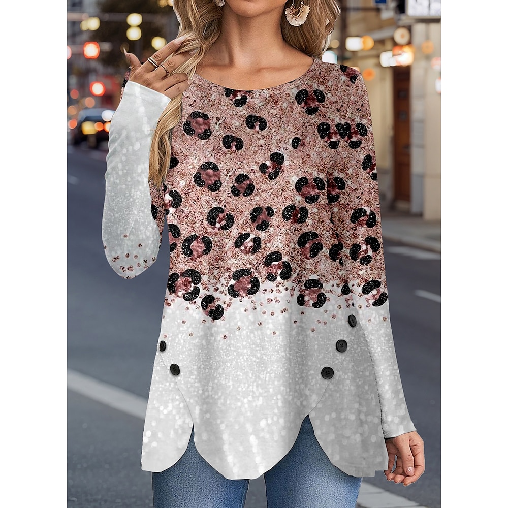 Damen T Shirt Brautkleider schlicht Leopard Normale Oberteile Langarm Rundhalsausschnitt Knopf Bedruckt Asymmetrisch Regular Fit Täglich Khaki Frühling Herbst Lightinthebox