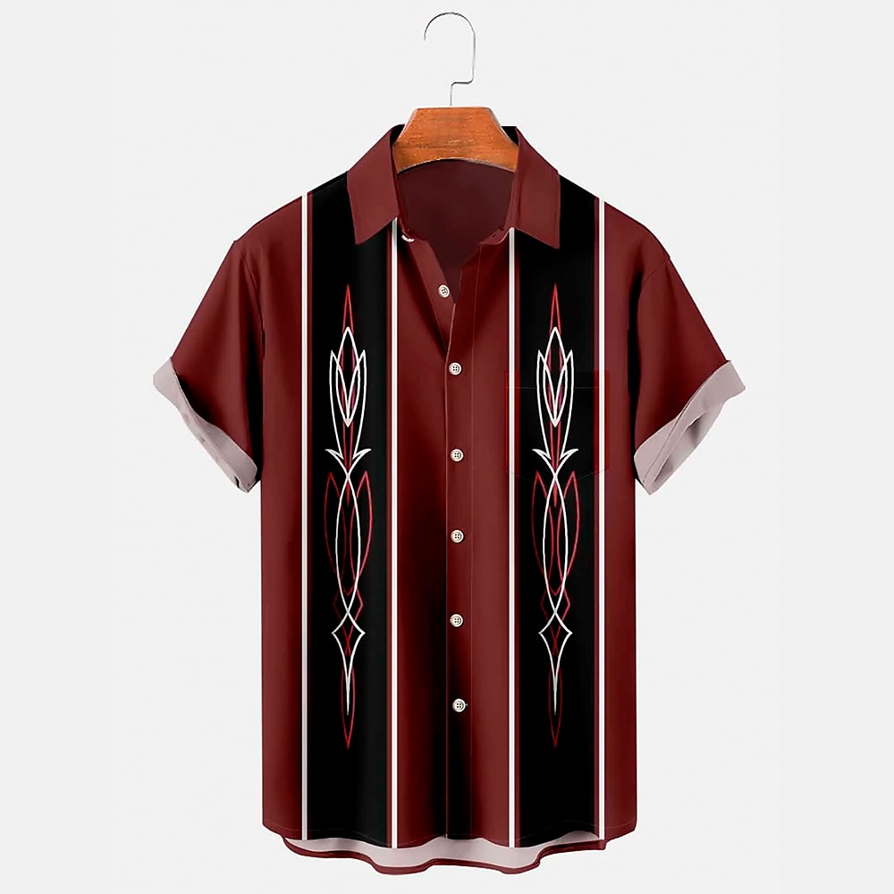 Herren Nadelstreifen Bowling-Shirt Kurzarm Brautkleider schlicht Normal Casual Sommer Frühling Umlegekragen Knopf hoch Rote Lightinthebox