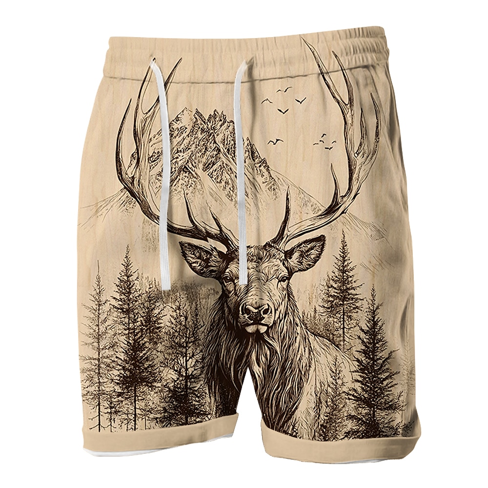 Herren Shorts Kurze Hosen Sommer-Shorts Strandshorts Kurze Hosen Kordelzug Elastische Taille 3D-Druck Wald Jagd Hirsch Atmungsaktiv Weich Kurz Casual Täglich Festtage Strassenmode Hawaiianisch Braun Lightinthebox