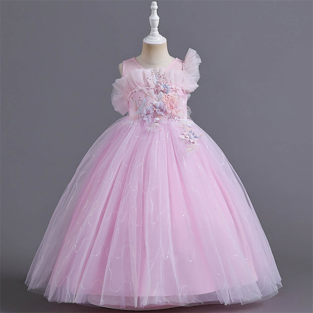 Blumenmädchenkleid Kinder Mädchen Prinzessinenkleid Leistung Hochzeit Party Elegant Schön Gitter Feste Farbe Ärmellos Rundhalsausschnitt Rosa Blau 4 Jahre Lightinthebox