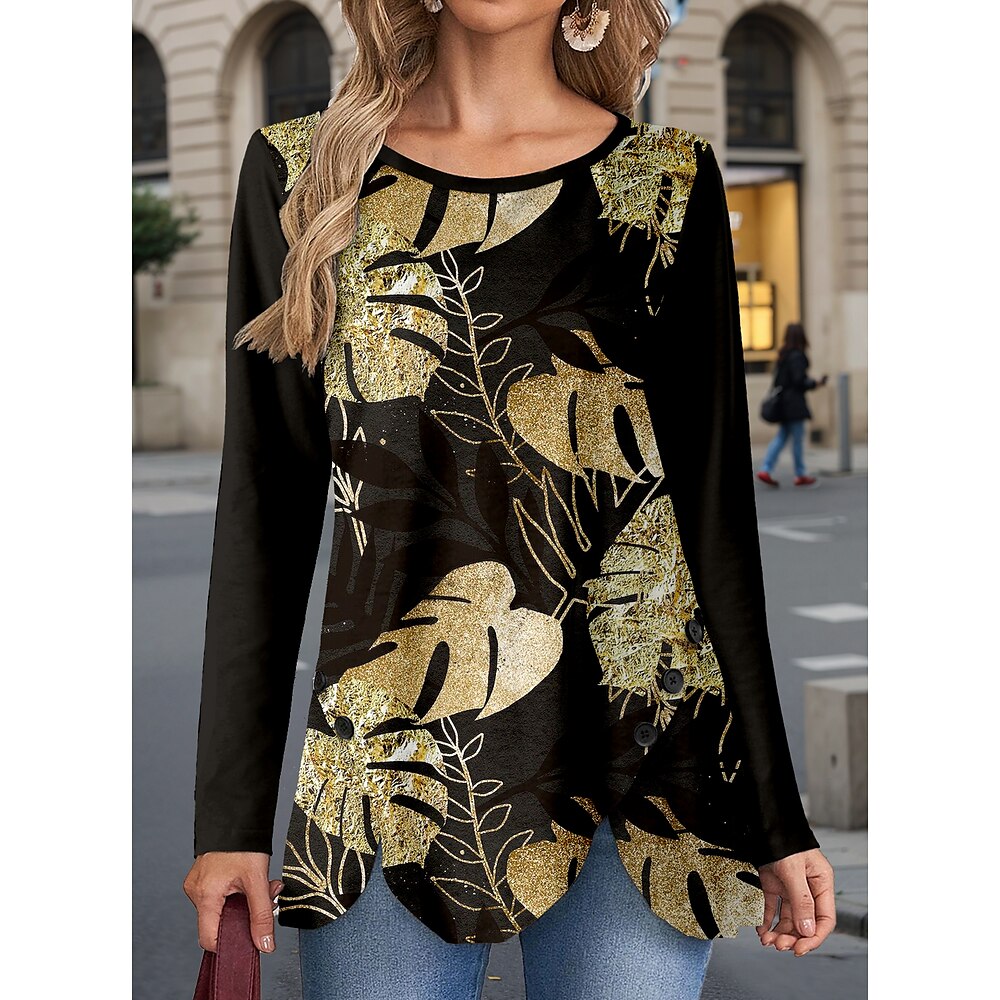 Damen T Shirt Brautkleider schlicht Graphic Normale Oberteile Langarm Rundhalsausschnitt Knopf Bedruckt Asymmetrisch Regular Fit Täglich Gold Frühling Herbst Lightinthebox