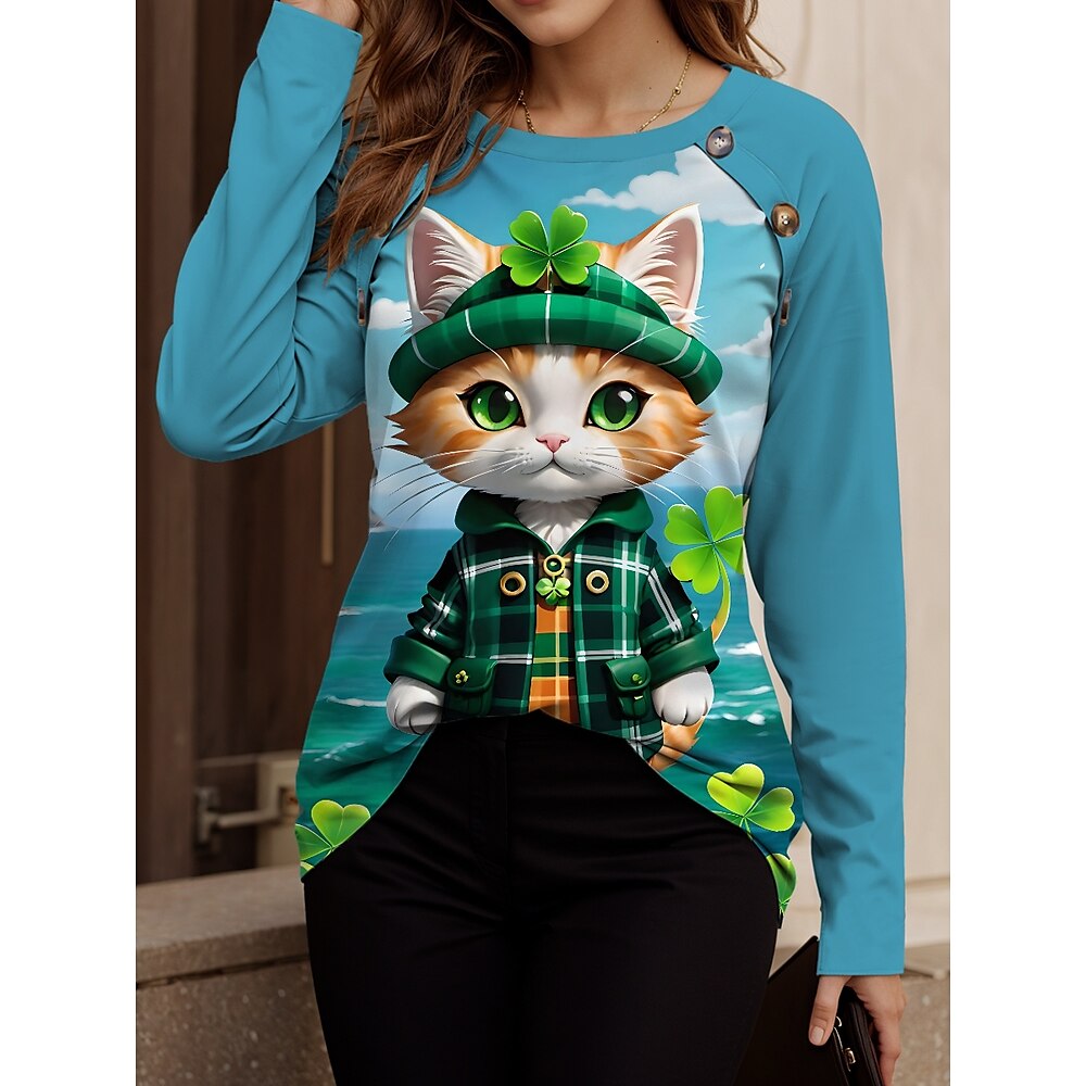 Damen-Sweatshirt zum St. Patrick's Day, Polyester, Katzen-Straßenknöpfe, Aufdruck, lässig, Rundhalsausschnitt, lange Ärmel, mikroelastisch, Herbst/Winter Lightinthebox