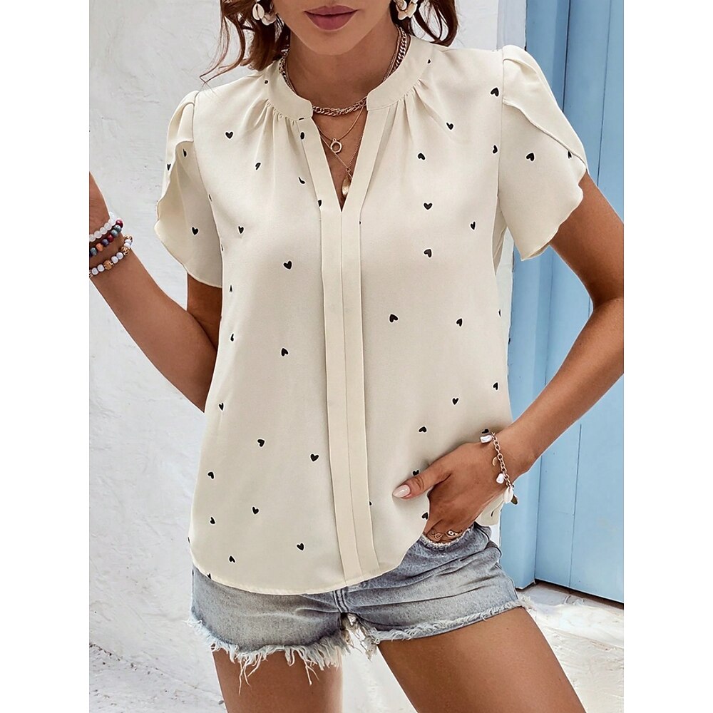 Damen Hemd Bluse Stilvoll Brautkleider schlicht Valentinstag Herz Normale Oberteile Kurzarm Gekerbter Hals Bedruckt Regular Fit Täglich Schwarz Beige Sommer Frühling Herbst Lightinthebox