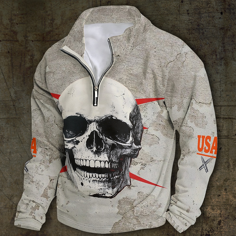 Herren Graphic Skelett Pullover Sweatshirt mit Viertelreißverschluss Langarm Sweatshirt mit Kapuze Ständer Täglich 3D-Druck Urlaub Ausgehen Strassenmode Grau Bedruckt Frühling Herbst Designer Lightinthebox