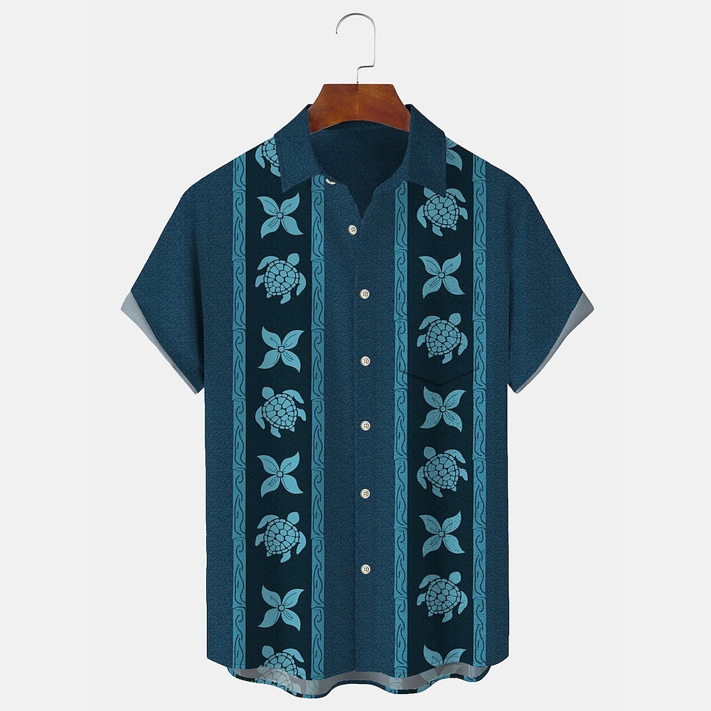 Herren Farbblock Schildkröte Lässiges Hemd Aloha-Shirt Kurzarm Hawaiianisch Resort Urlaub Normal Casual Sommer Frühling Umlegekragen Knopf hoch Marineblau Lightinthebox