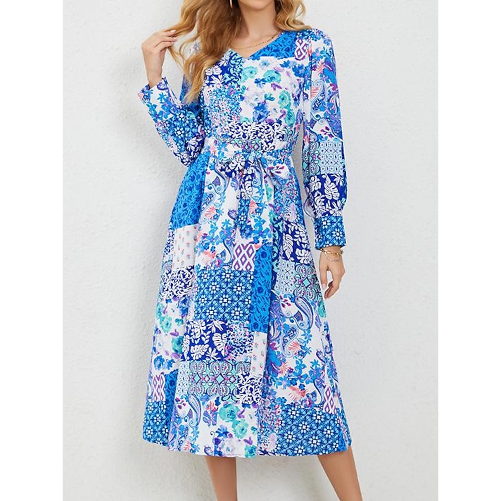 Damen Casual kleid A Linie Kleid Böhmen Hawaiianisch Stilvoll Blumen Midikleid Langarm V Ausschnitt Vorne binden Rüschen Bedruckt Regular Fit Urlaub Täglich Leicht Blau Frühling Herbst Lightinthebox