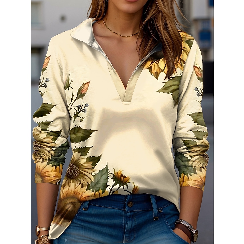 Damen Hemd Modern Blumen Normale Oberteile Langarm V Ausschnitt Hemdkragen Bedruckt Formschluss Arbeit Beige Sommer Frühling Herbst Lightinthebox