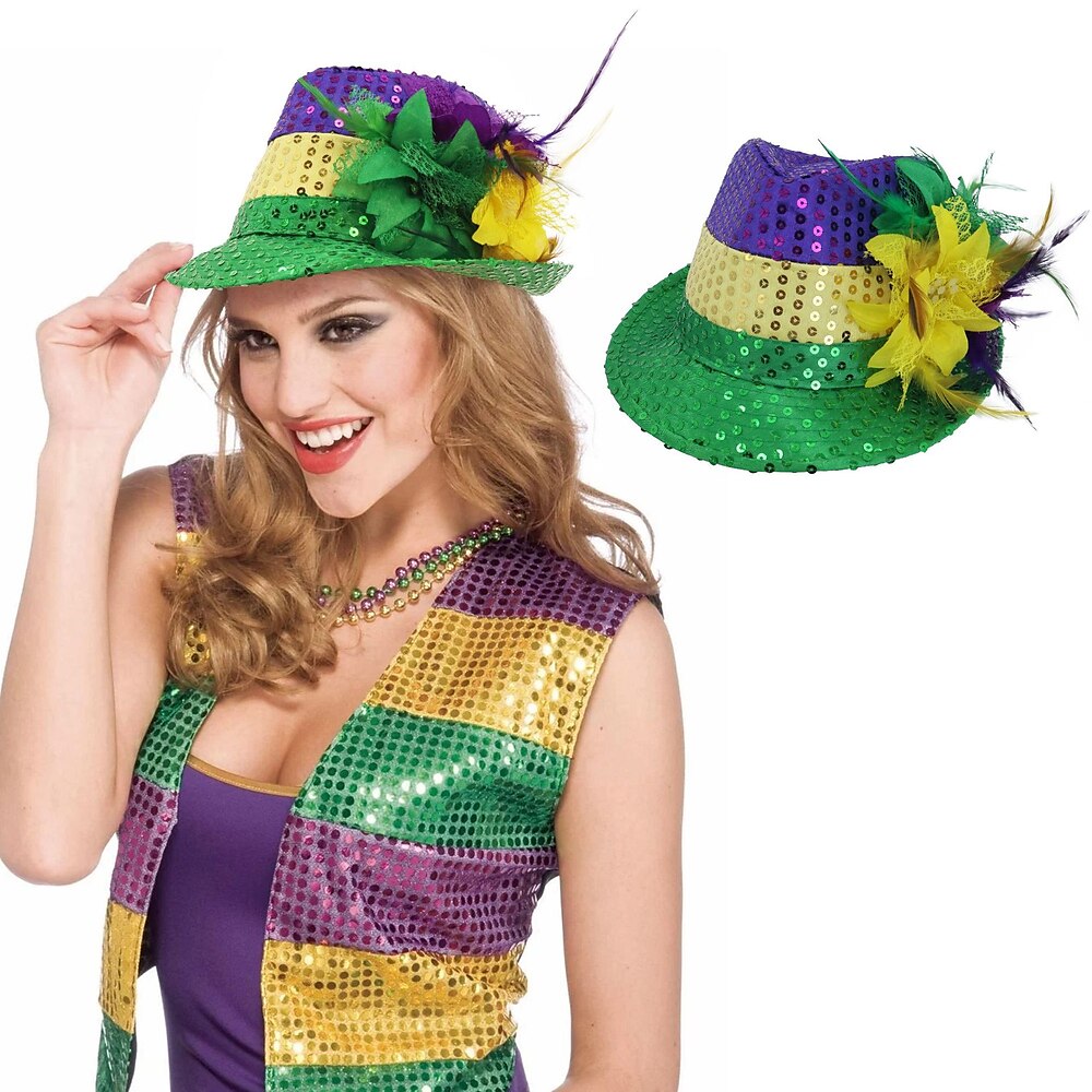 Mardi Gras Hut für Frauen Glitzer lila grün gelb Pailletten lustige Karneval Parade Party Geschenk für Schwester Mama Bestie Lightinthebox