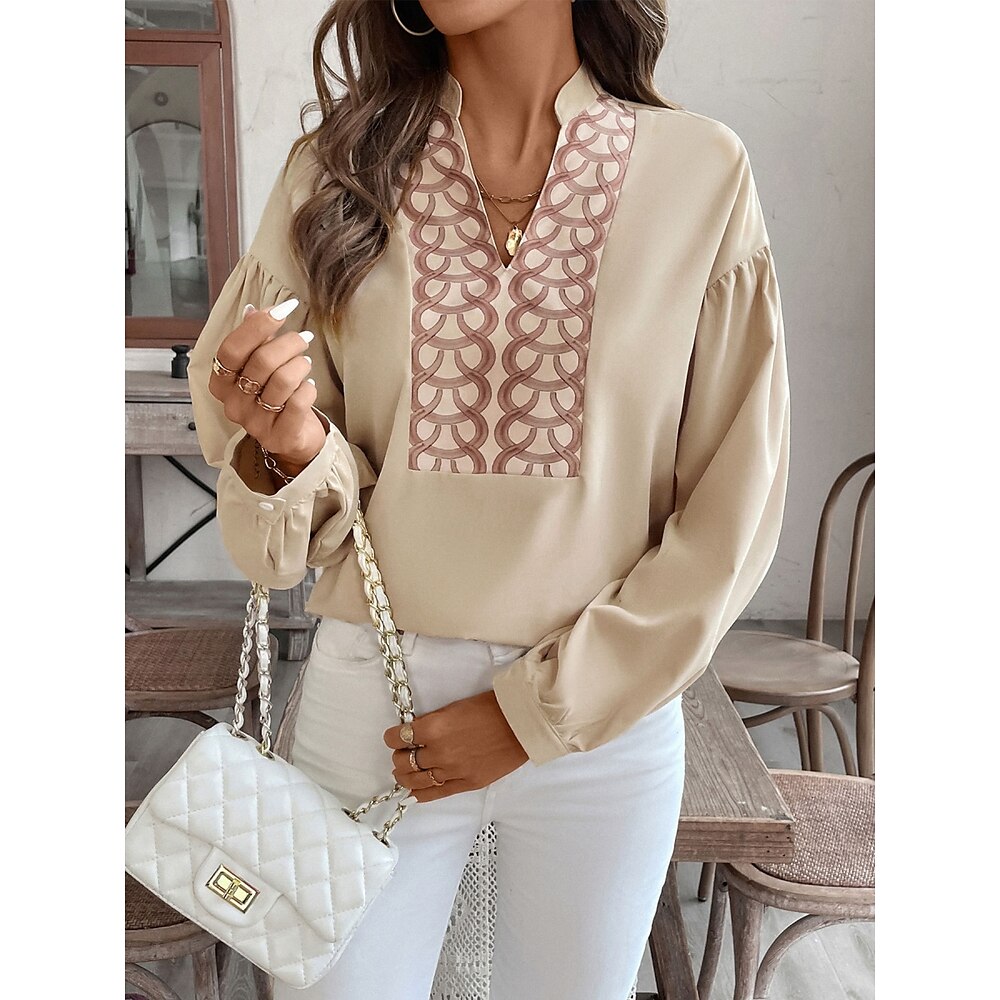 Damen Hemd Bluse Ethnisch Brautkleider schlicht Farbblock Normale Oberteile Langarm Gekerbter Hals Bedruckt Regular Fit Täglich Beige Herbst Winter Lightinthebox