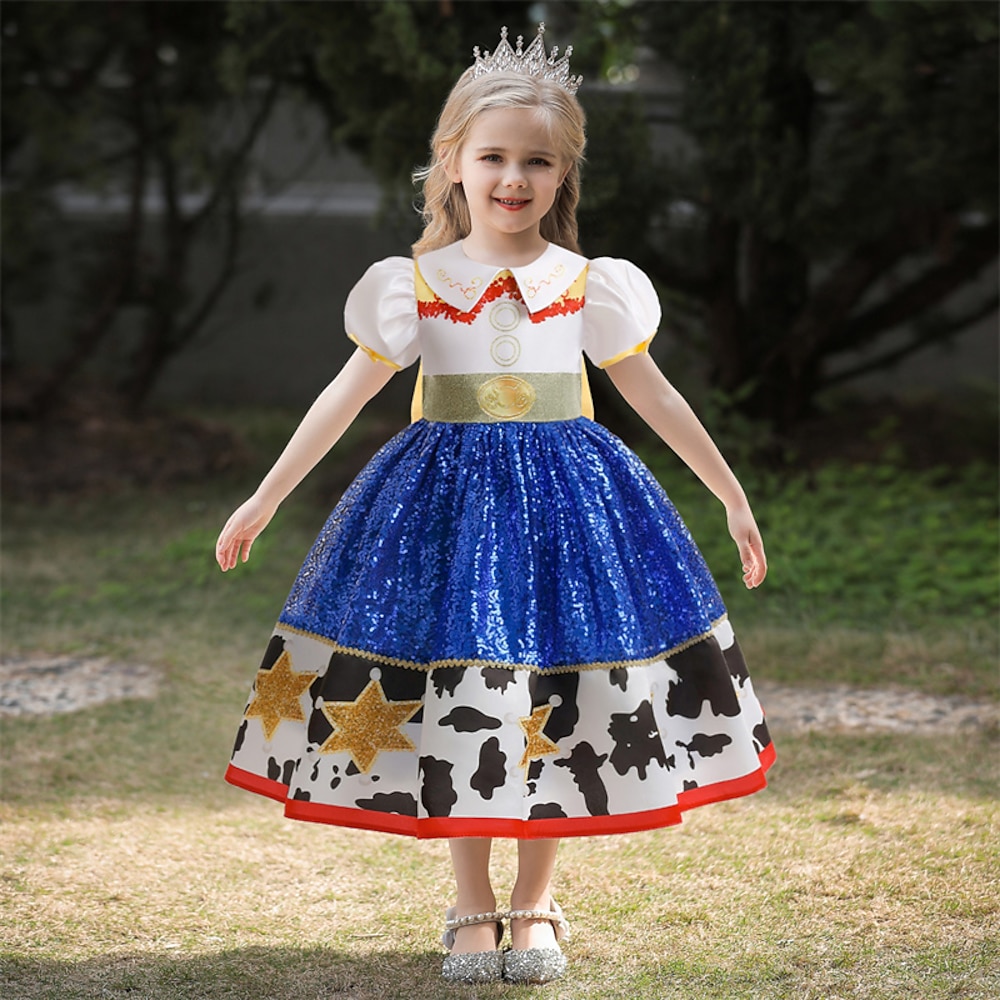 kinderkleidung Mädchen Cosplay-Kleid Party Kleid Farbblock Stern Kurzarm Leistung Geburtstag Pailletten Cosplay-Kostüm Süß Polyester Midi abendkleider Schaukelkleid A Linie Kleid Sommer 4 Jahre Blau Lightinthebox