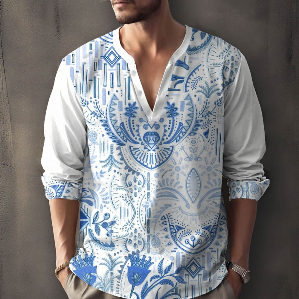 Herren Blumen Lässiges Hemd Aloha-Shirt Langarm Modisch lässig Casual Sommer Frühling V Ausschnitt V-Ausschnitt Blau Lightinthebox