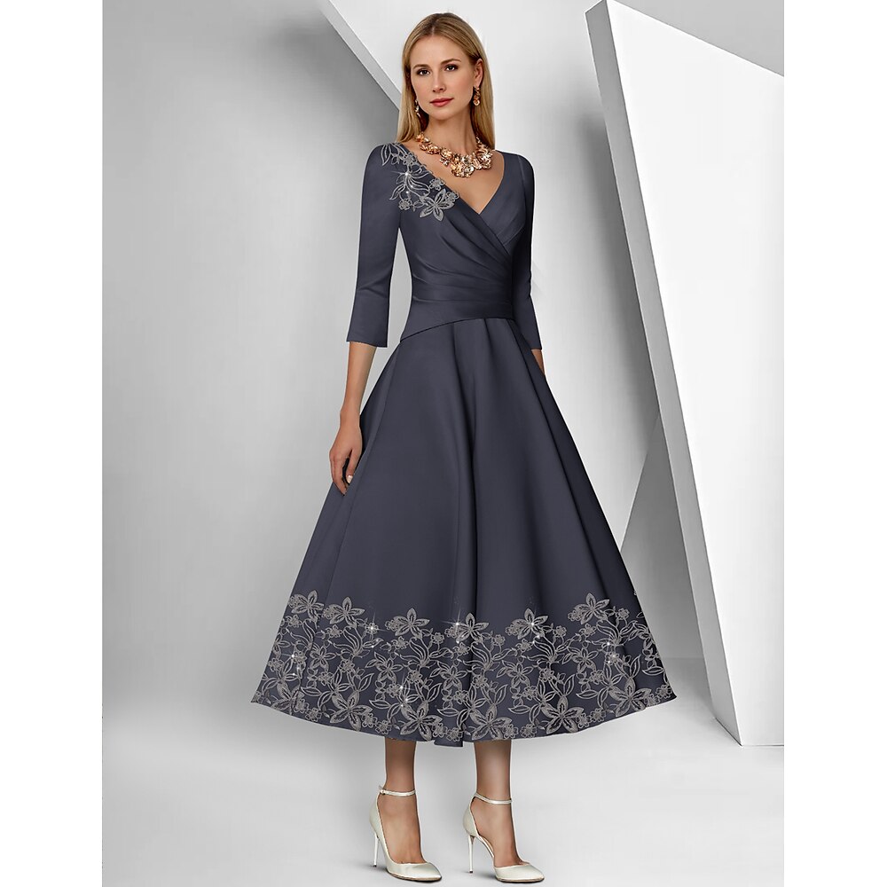 A-Linie Kleid Brautmutterkleid Elegant Einfach V Ausschnitt Knöchellänge Tee-Länge Satin 3/4 Ärmel mit Spitze Gerafft Paillette 2024 Lightinthebox