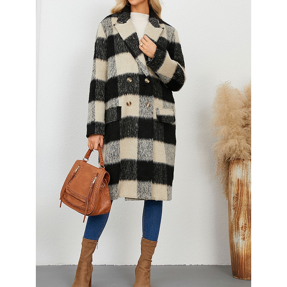 Damen Wintermantel Mantel Windundurchlässig warm halten Tasche Brautkleider schlicht Streetstyle Plaid Urlaub Arbeit Strasse Freizeitskleidung Einreihiger Verschluss Umlegekragen Lockere Passform Lightinthebox