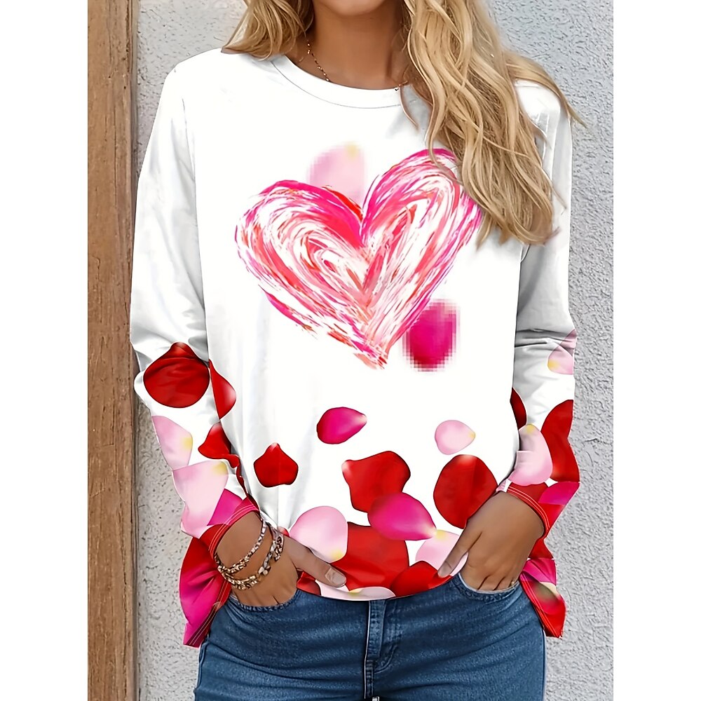 Damen-T-Shirt mit Valentinsherz, süßes rotes T-Shirt, lässig, normale Oberteile, langärmelig, Rundhalsausschnitt, Aufdruck, normale Passform, Valentinstag, Alltag, weiß, Frühling, Herbst Lightinthebox