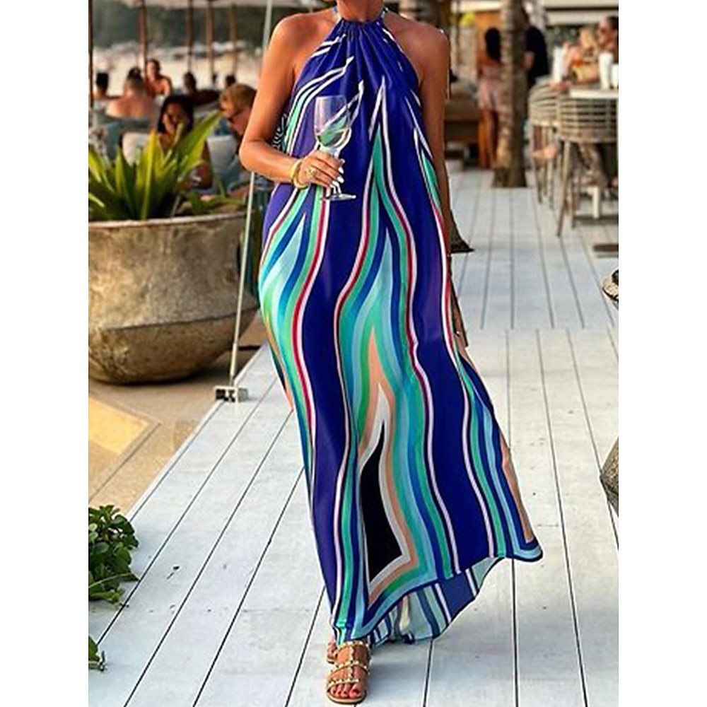 Damen Normal Boho Chic Kleider Böhmen Graphic Maxidress Ärmellos Halfterhals Patchwork Regular Fit Strand Blau Sommer Lightinthebox