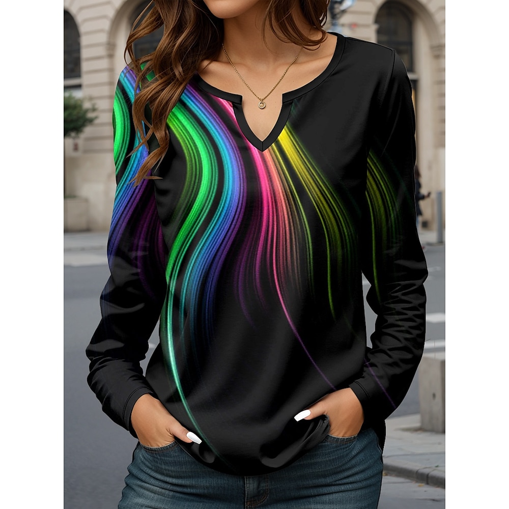 Damen T Shirt Brautkleider schlicht Farbverlauf Normale Oberteile Langarm Gekerbter Hals Bedruckt Regular Fit Urlaub Täglich Schwarz Frühling Herbst Lightinthebox