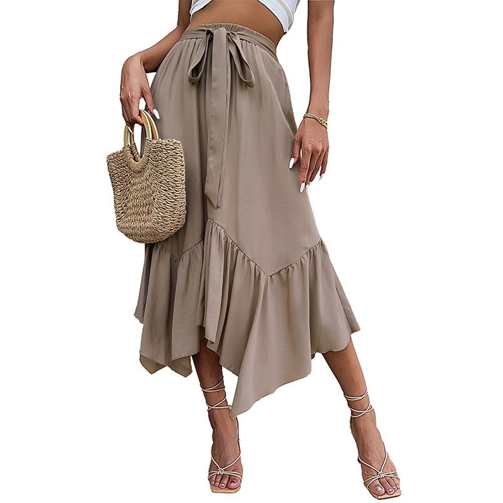 Damen Rock A-Linie Modisch Brautkleider schlicht Maxi Hoher Taillenbund Röcke Glatt Rüsche Mikro-elastisch Strasse Täglich Khaki Sommer Polyester Lightinthebox