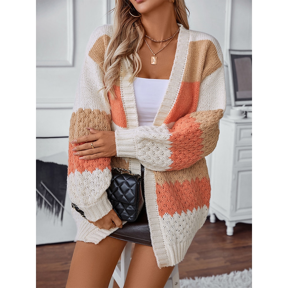 Damen Pullover Strickjacke Elegant Modisch Strassenmode Gestreift Öffnung vorne Strick Langarm Normale Oberteile Stricken Outdoor Täglich Wochenende Purpur Orange Herbst Winter Lightinthebox