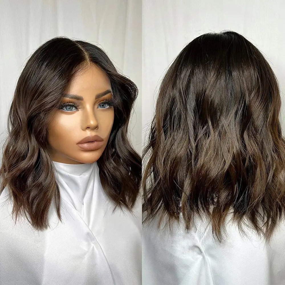 Echthaar 5x5 Verschluss 13x4 Spitzenfront Perücke Kurzer Bob Brasilianisches Haar Große Wellen Rotbraun Mehrfarbig Perücke 130% 150% Haardichte Gefärbte Haarspitzen (Ombré Hair) 100% Jungfrau Lightinthebox