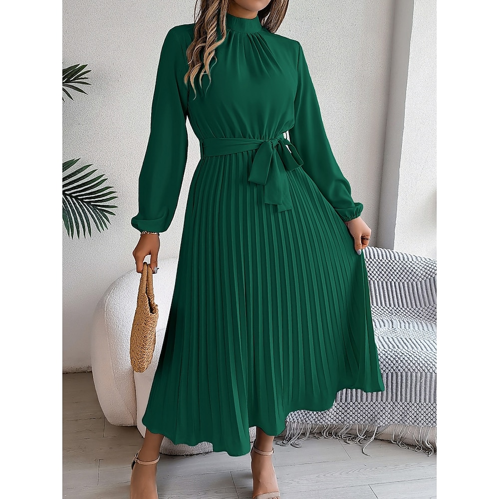 Damen Casual kleid A Linie Kleid Elegant Stilvoll Brautkleider schlicht Glatt Maxidress Langarm Ständer Vorne binden Gefaltet Regular Fit Urlaub Täglich Rosa Grün Sommer Frühling Herbst Lightinthebox