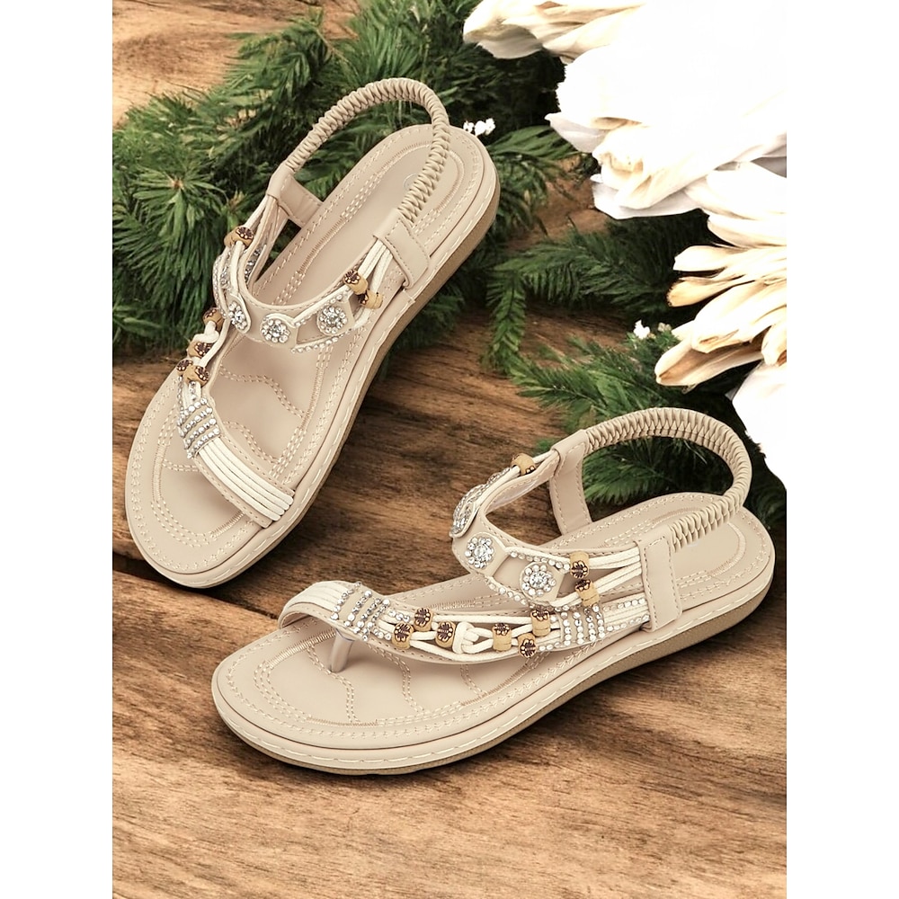 Damen Sandalen Boho Urlaub Täglich Strass Perlenstickerei Niedriger Absatz Runde Zehe Böhmen Urlaub PU Gummiband Mandelfarben Schwarz Blau Lightinthebox