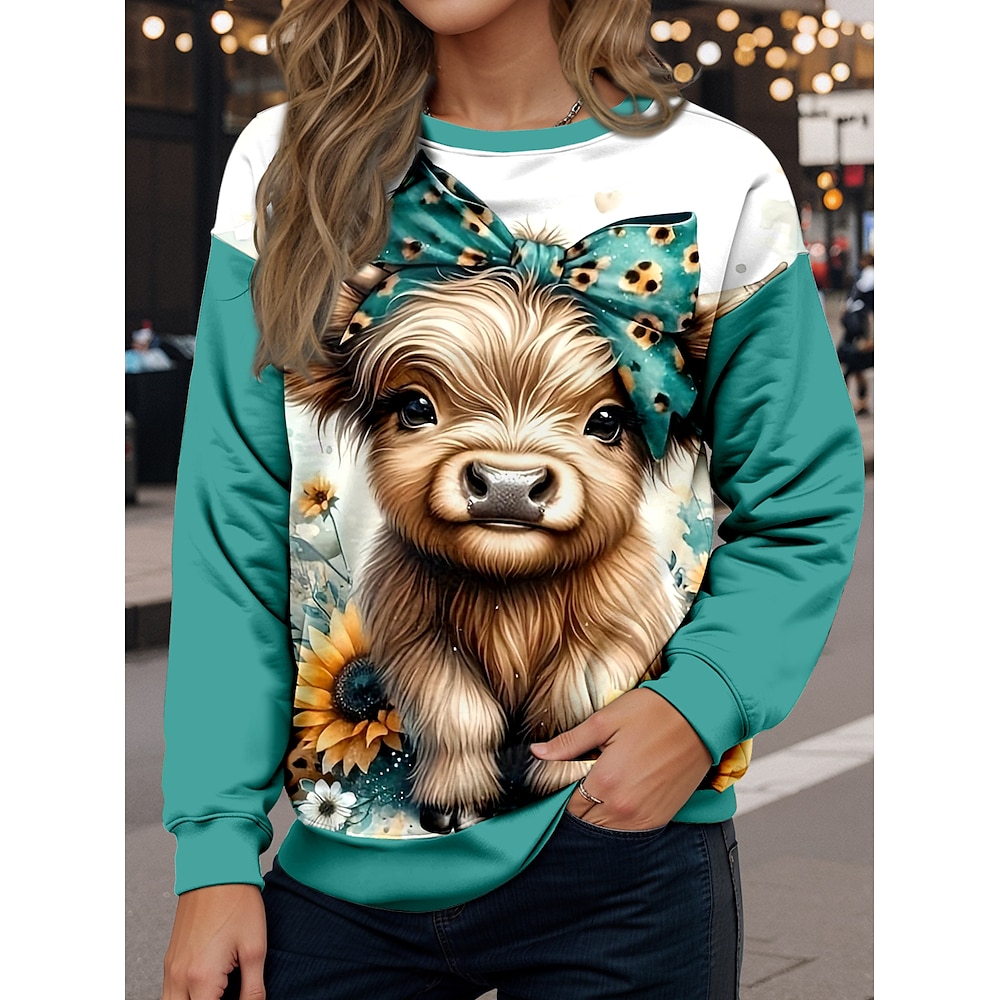 Damen Sweatshirts Brautkleider schlicht Kuh Normale Oberteile Langarm Rundhalsausschnitt Bedruckt Regular Fit Strasse Alltagskleidung Blau Herbst Winter Lightinthebox