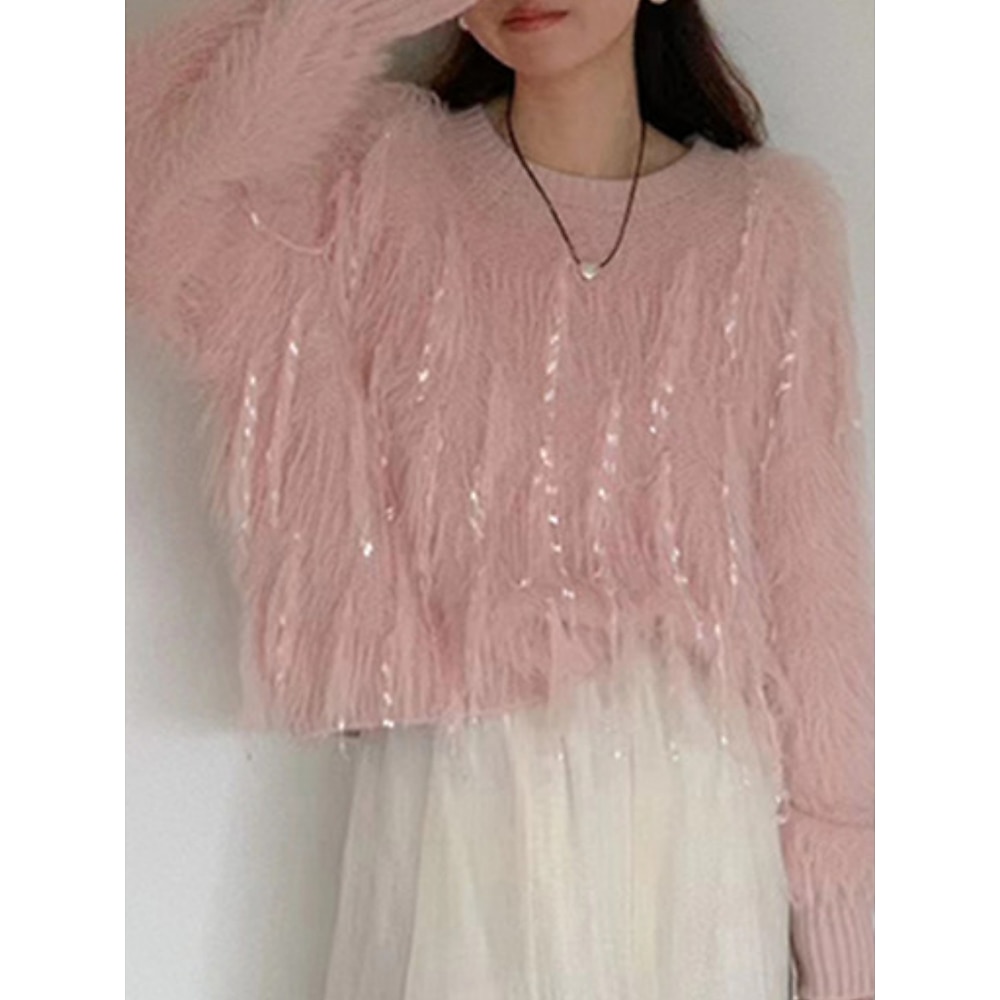 Damen Pullover Brautkleider schlicht Weich Einfarbig Gerippt Rundhalsausschnitt Quaste Strick Langarm Crop Tops Stricken Outdoor Täglich Wochenende Weiß Rosa Herbst Winter Lightinthebox