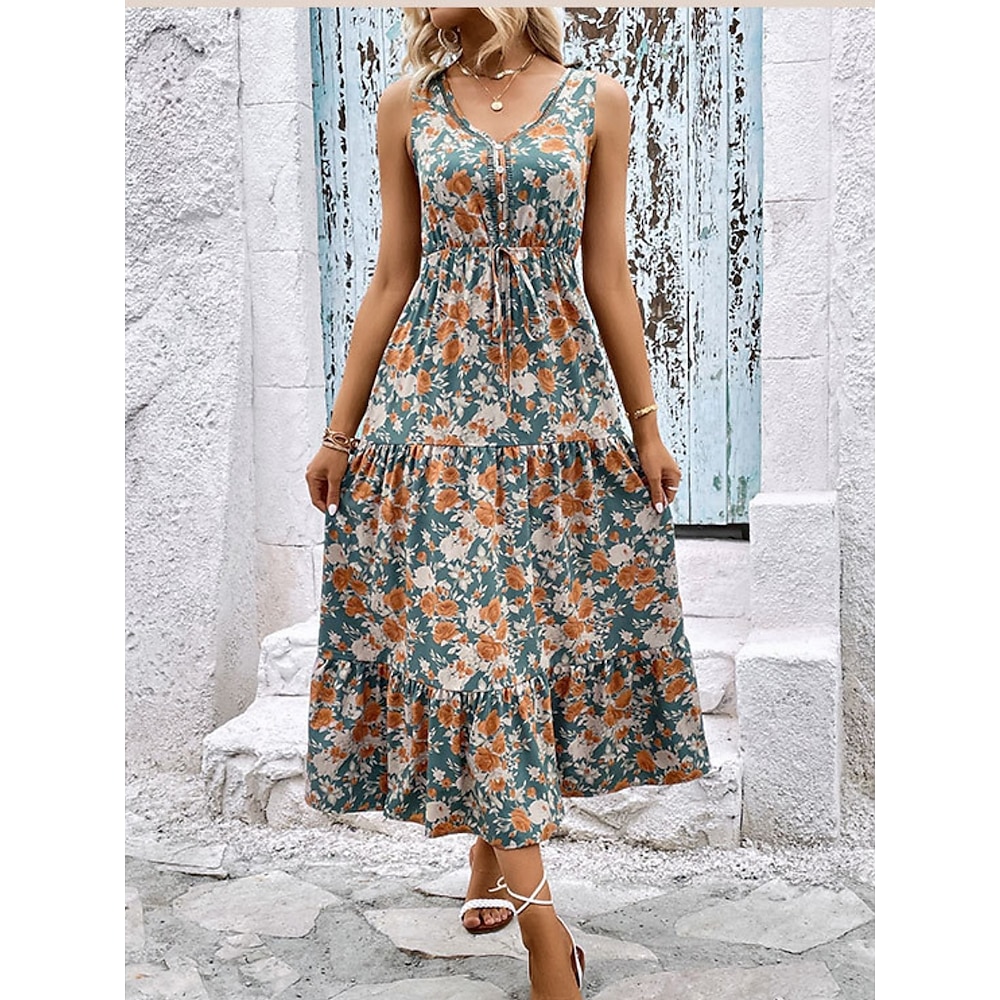 Damen Casual kleid Boho Chic Kleider Tank-Top Kleid Böhmen Stilvoll Brautkleider schlicht Graphic Midikleid Ärmellos V Ausschnitt Rüsche Knopf Bedruckt Lockere Passform Urlaub Täglich Strand Schwarz Lightinthebox