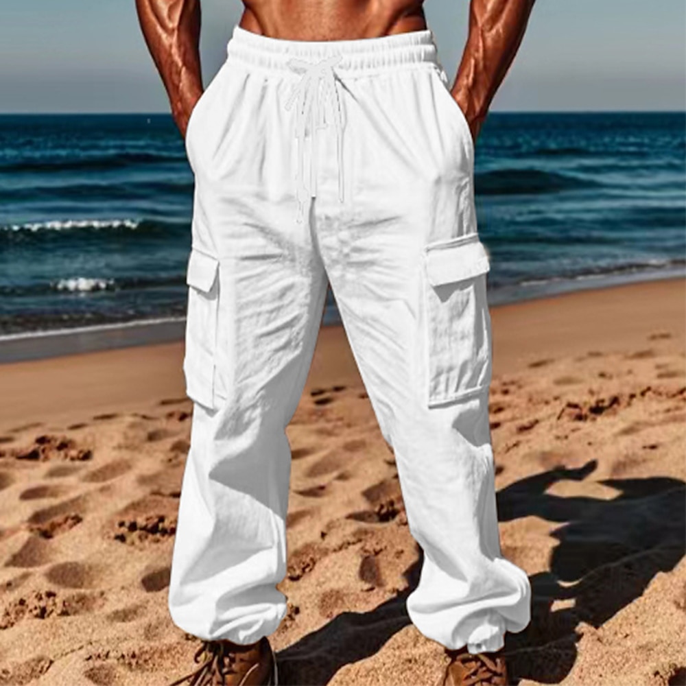 Herren Cargohose Cargohosen Jogginghose Jogger Leinenhose Hose Hosen Sommerhosen Kordelzug Elastische Taille Multi Pocket Glatt Komfort Atmungsaktiv In voller Länge Täglich Festtage Strand Urlaub Lightinthebox