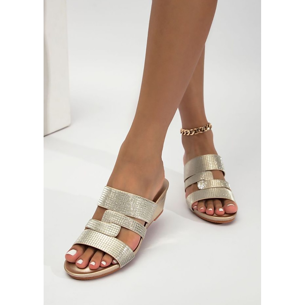 Damen-Sandalen mit Metallic-Finish und strukturierten Riemen, flache Schuhe mit offener Spitze für lässige Sommerausflüge und zum Strand Lightinthebox