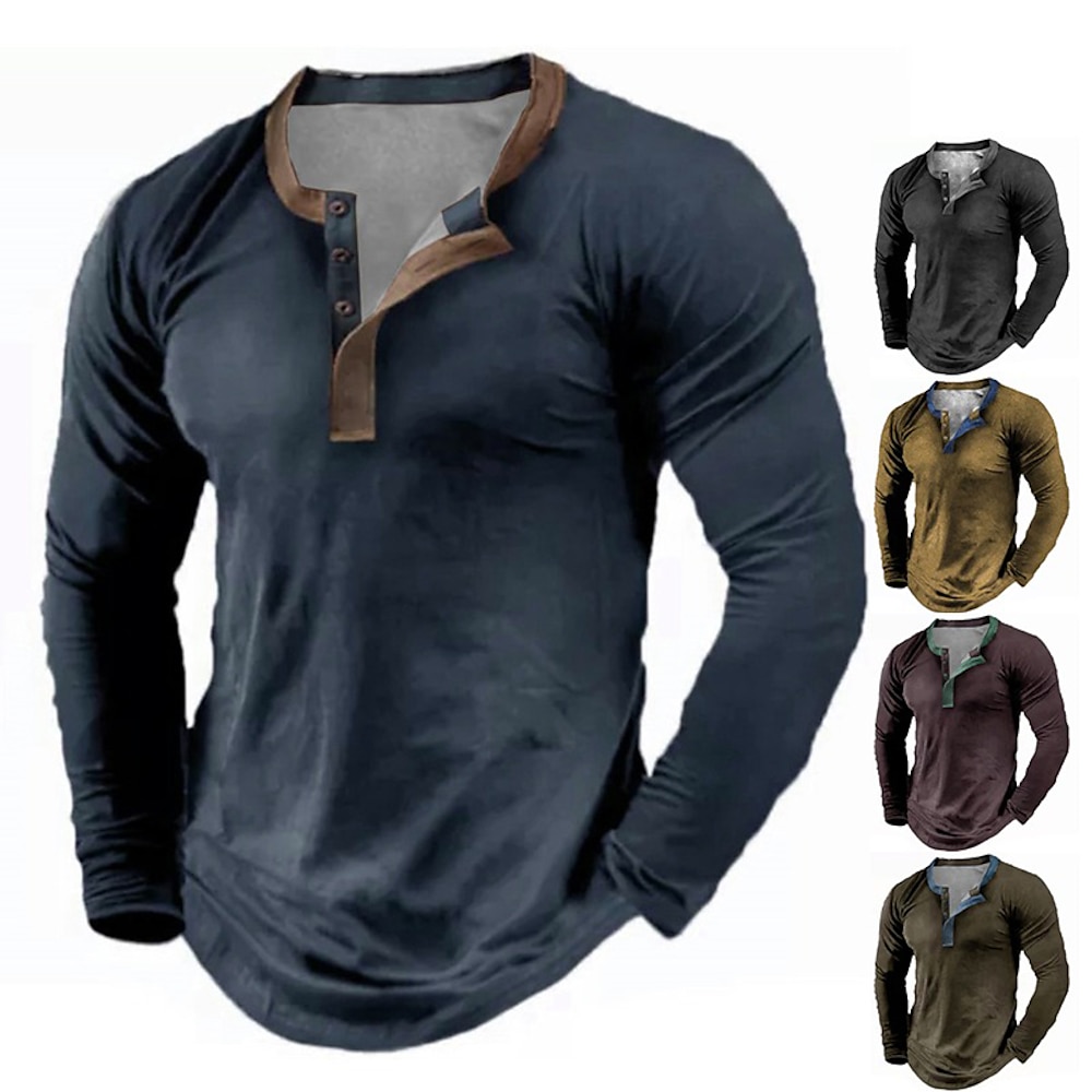 Herren Henley Shirt Tee langarmshirt Henley Übergröße Casual Sport Langarm Button-Down Bedruckt Bekleidung Modisch Strassenmode Basic Komfortabel Lightinthebox