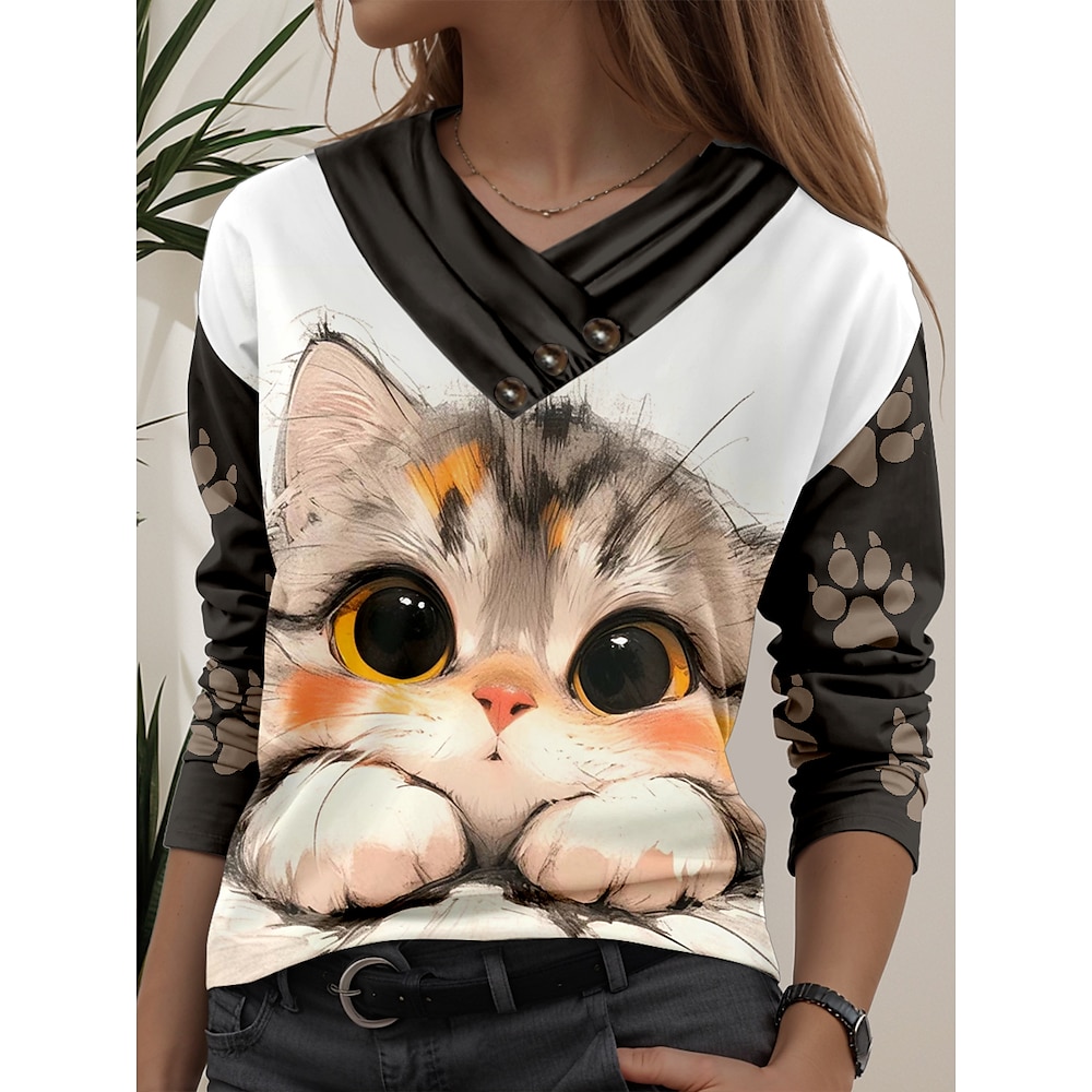 Damen T Shirt Brautkleider schlicht Katze Normale Oberteile Langarm Rundhalsausschnitt Knopf Bedruckt Asymmetrisch Regular Fit Täglich Weiß Frühling Herbst Lightinthebox