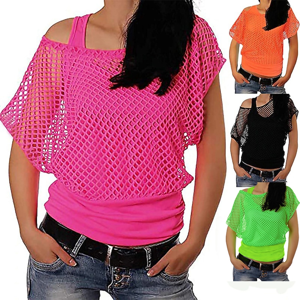 Damen lässiges 80er Jahre Kostüm Fischnetz Neon schulterfreies T-Shirt mit Tank Top 1980er Retro Vintage Halloween Karneval Party Casual Daily 2 Stück Lightinthebox