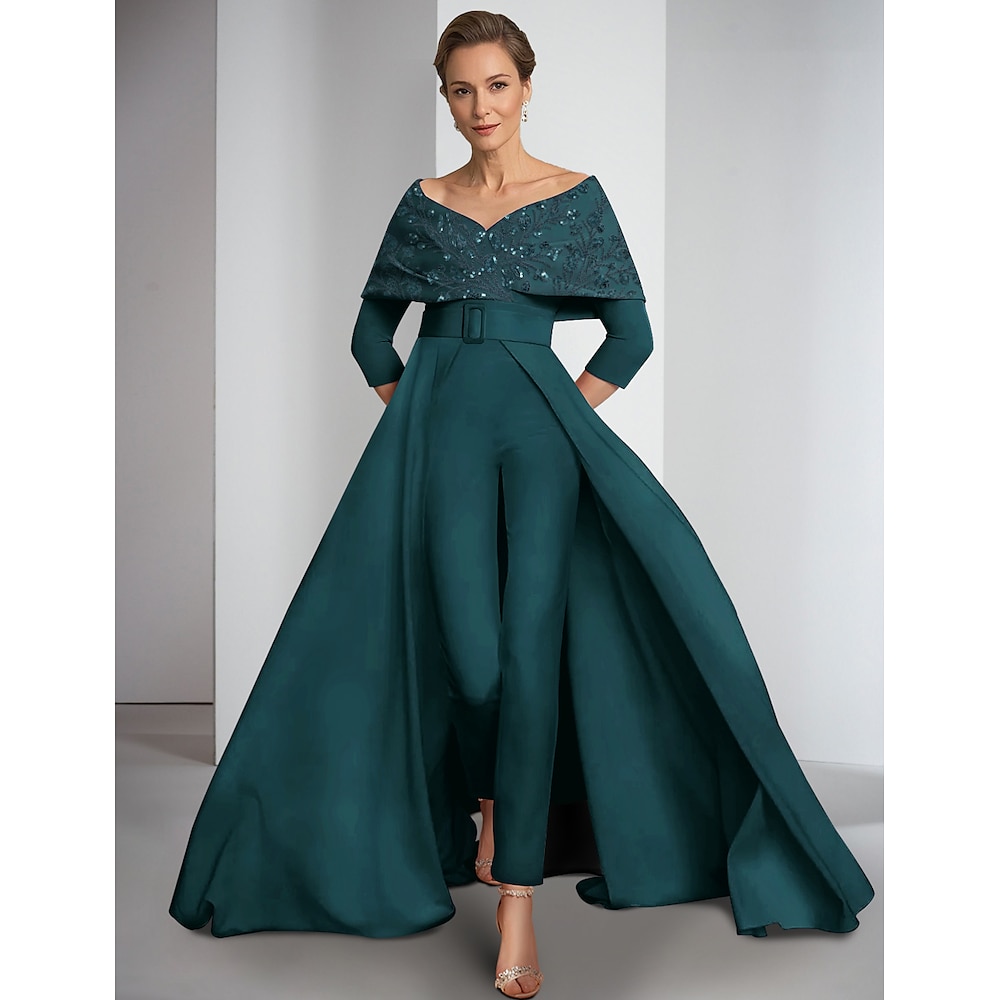 Hosenanzug Brautmutterkleid Elegant Vintage Schulterfrei Boden-Länge Stretchstoff 3/4 Ärmel mit Paillette Applikationen 2024 Lightinthebox