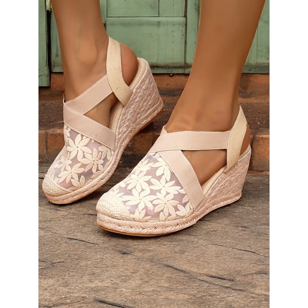 Beigefarbene Keilsandaletten aus floralem Mesh mit elastischen Riemen und Espadrille-Sohle für Damen, elegante Sommerschuhe für Strand, Partys und Freizeitausflüge Lightinthebox