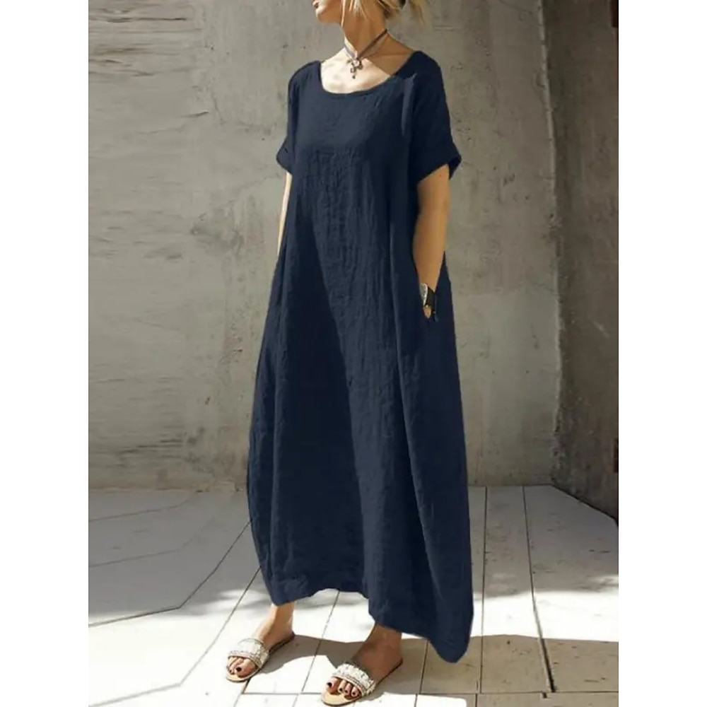 Damen Casual kleid Baumwoll-Leinenkleid Basic Brautkleider schlicht Glatt Maxidress Kurzarm U-Ausschnitt Tasche Regular Fit Urlaub Täglich Blau Kamel Grün Sommer Lightinthebox