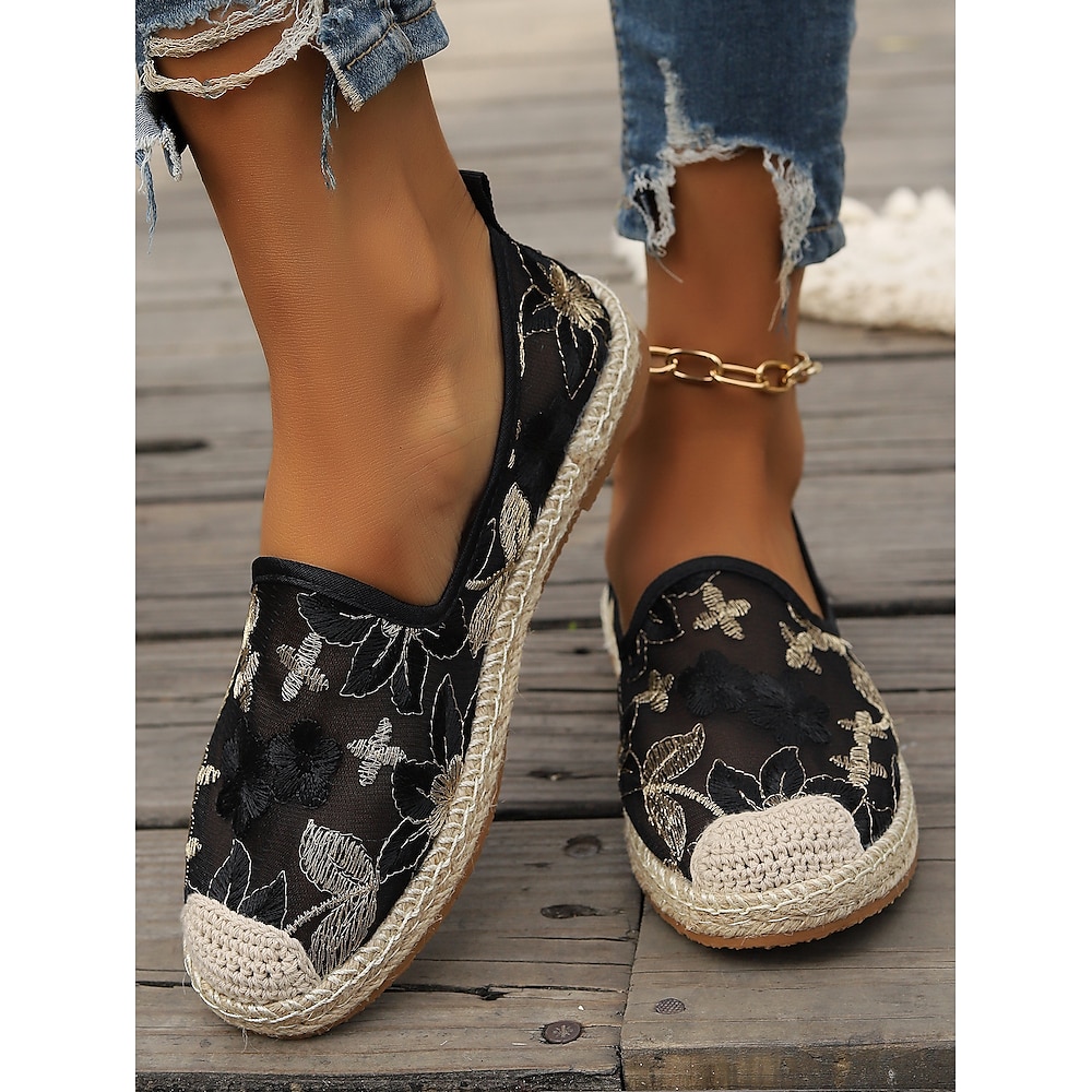 Schwarze Espadrilles aus Netzstoff mit Blumenstickereien und Häkelspitze für Damen, lässige Boho-Ballerinas für Sommer, Strand und den Alltag Lightinthebox