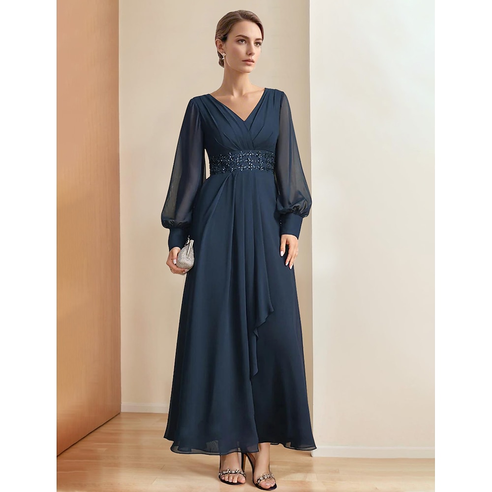 TS A-Linien-Kleid, elegantes Partykleid für die Mutter der Braut, V-Ausschnitt, bodenlang, Chiffon, 3/4-Ärmel, mit Perlenbesatz, 2024 Lightinthebox