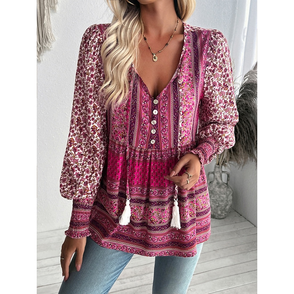 Damen Hemd Bluse Böhmen Brautkleider schlicht Blumen Normale Oberteile Langarm V Ausschnitt Bedruckt Regular Fit Täglich Blau Fuchsie Frühling Herbst Lightinthebox