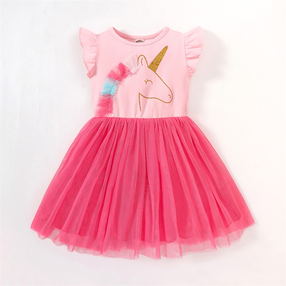 kinderkleidung Mädchen Kleid Einhorn Ärmellos Outdoor Casual Rüsche Modisch bezaubernd Polyester Übers Knie Casual kleid A Linie Kleid Tüll-Kleid Sommer Frühling 4 Jahre Rosa Purpur Rosenrot Lightinthebox