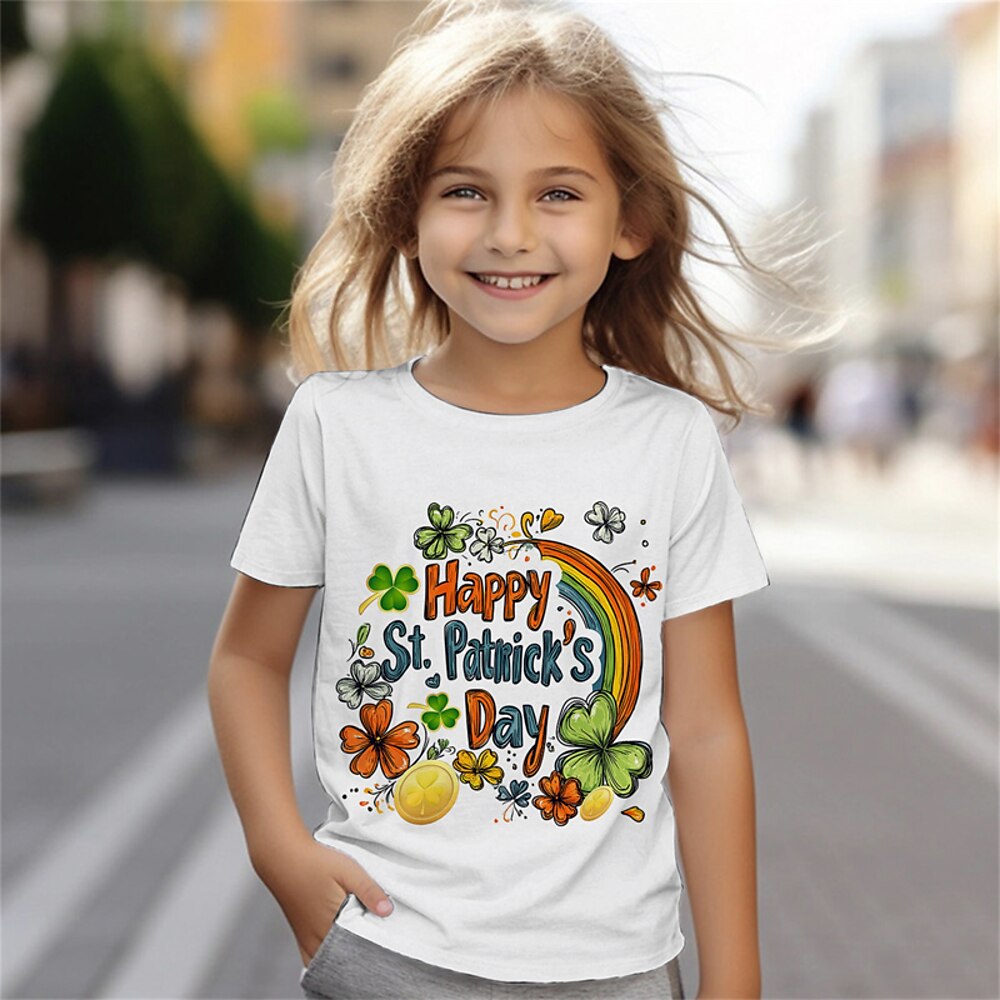 100% Baumwolle St. Patrick kinderkleidung Mädchen Weiß Blau Grün Graphic Vierblättriges Kleeblatt T-Shirt Rundhalsausschnitt Kurzarm Outdoor Urlaub Täglich Klassisch Brautkleider schlicht Bedruckt Lightinthebox