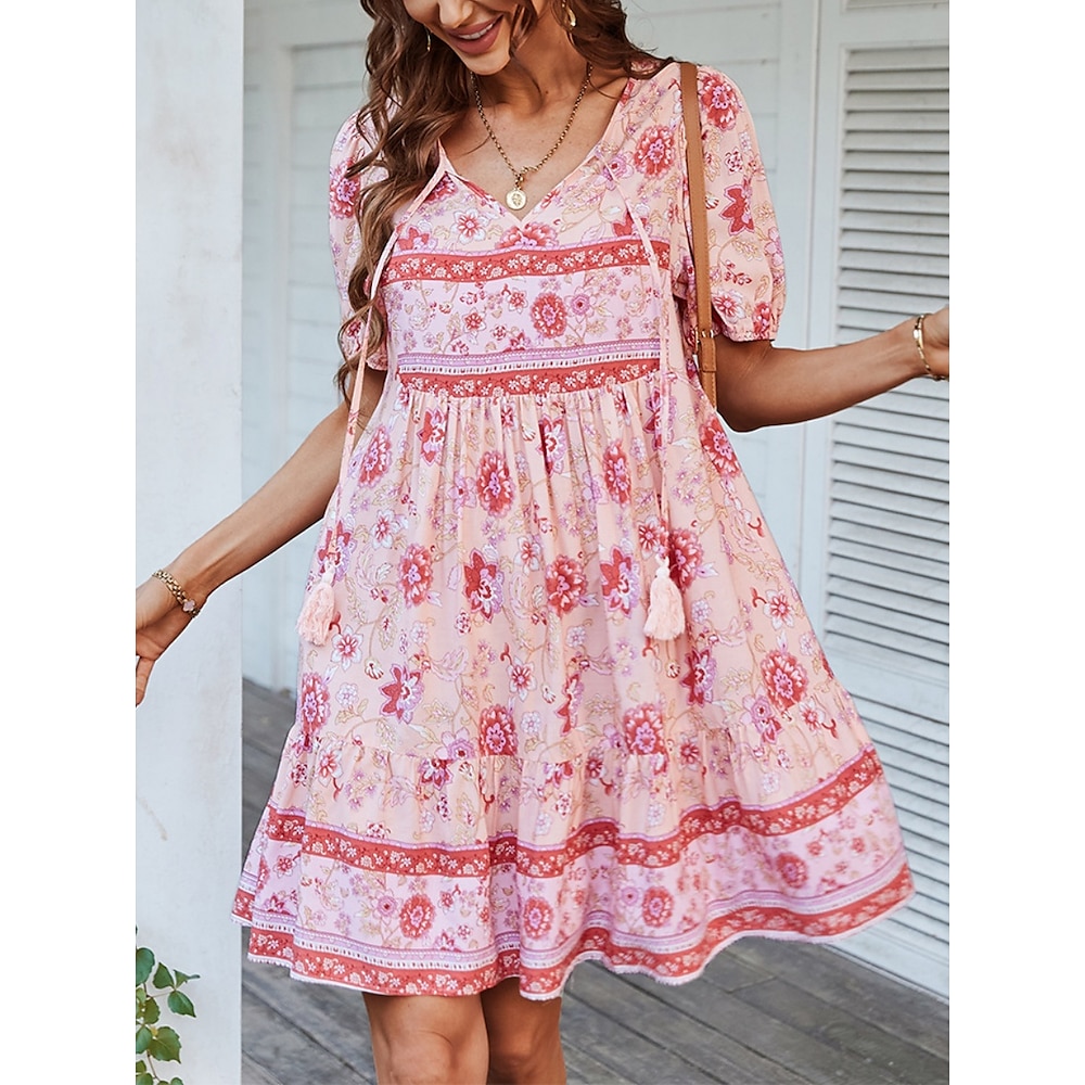 Damen Casual kleid A Linie Kleid Boho-Kleid Böhmen Vintage Brautkleider schlicht Blumen Minikleid Kurzarm V Ausschnitt Bedruckt Regular Fit Urlaub Täglich Rosa Frühling Herbst Lightinthebox